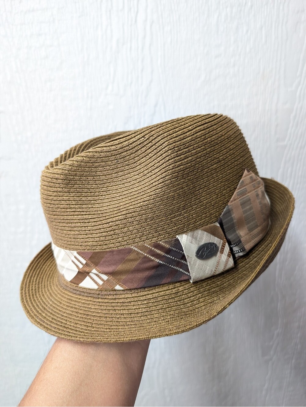 Vtg Bailey of Hollywood Fedora Straw Hat Tan Striped Band Summer Beach Size XL